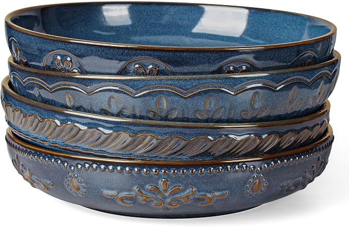 Pasta Bowls, 50oz Large Salad Serving Bowls, 9.75'' Plates Bowls Set of 4, Big Ceramic Soup Bowls for Kitchen, Embossment Shallow Dinner Bowl, Microwave Dishwasher Safe, Multiple Patterns, Blue