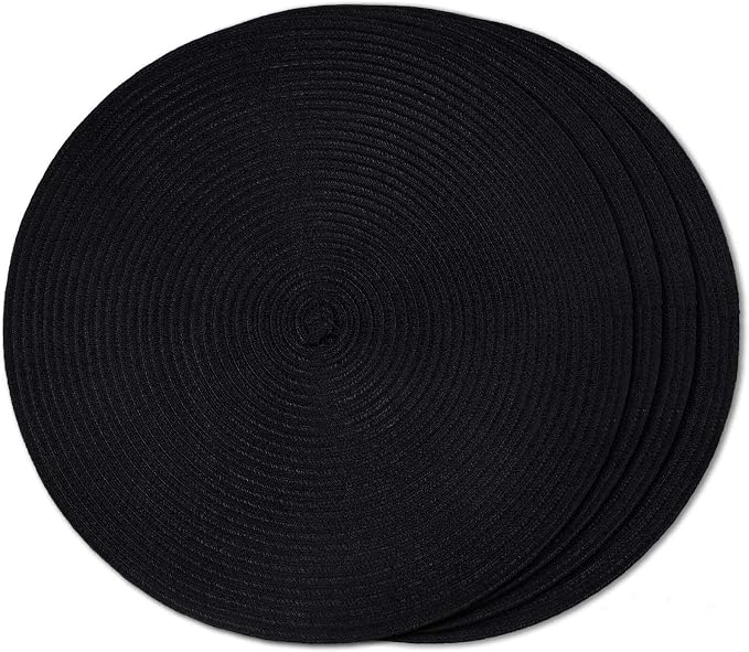 FunWheat Round Braided Placemats Set of 4 Place mats for Dining Tables Woven Heat Resistant Table Mats 15 inch (Black,4pcs)