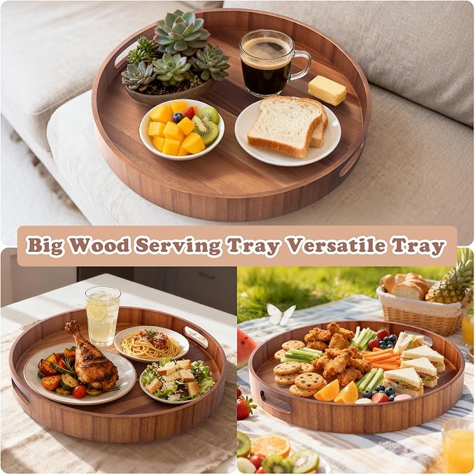 20 Inch Ottoman Coffee Table Tray with Handles, Large Round Wooden Serving Tray, Big Decorative Kitchen Organizer Giant Sofa Storage Trays Huge Counter Serveware
