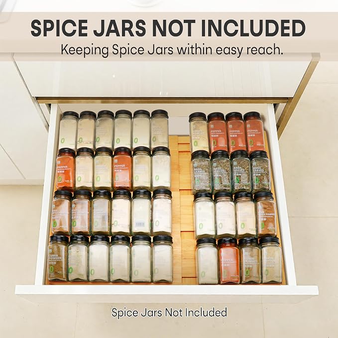 Bamboo Spice Drawer Organizer, 4-Tier Spice Rack for Cabinet | 12"-23" Expandable,No Assembly,Seasoning Storage Insert,(Need 3.1” Deep Drawer) Spice Organizer for Drawer,Jars Not Included