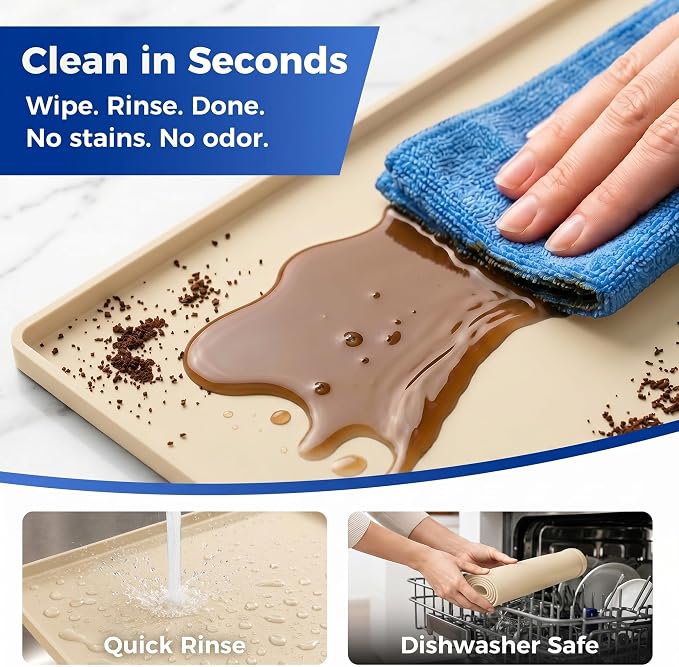 Golener Coffee Bar Mat, Silicone Coffee Mat with Raised Edges, 24"x16" | Coffee Mat for Countertop, Waterproof Coffee Station Mat, Dish Drying Mat Under Rack, Heat Resistant Coffee Machine Mat,Beige