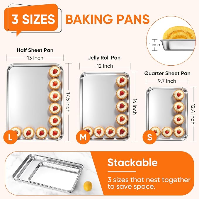LIANYU Baking Sheet Pans, Half Sheet/Jelly Roll/Quarter Sheet, 3 Pack | Stainless Steel Cookie Sheet for Baking, 17.5/16/12.4 Inch Metal Tray, Heavy Duty, Dishwasher Safe, Non Toxic