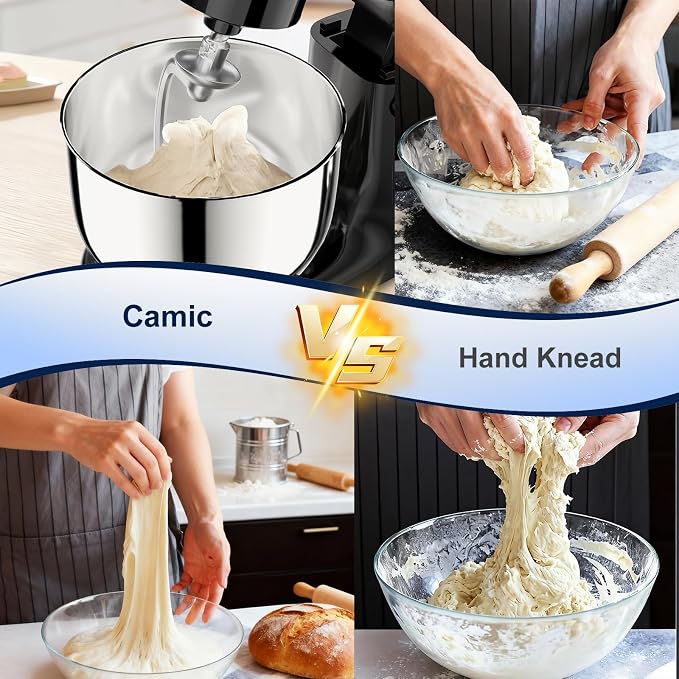 Camic Stand Mixer, 4.2QT+5.3QT Two bowls Electric Food Mixer, 10 Speeds with Digital setting 3-IN-1 Kitchen Mixer for Baking Cakes Cookie Bread Salad with Egg Whisk,Dough Hook,Flat Beater