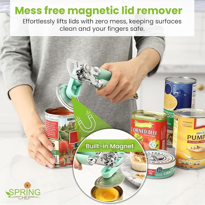 Spring Chef Stainless Steel Manual Can Opener with Soft Grip Handles, Mint | Heavy Duty Hand Can Opener for Seniors with Smooth Edge, Easy Turn, 3in1 Can Opener with Magnetic Lid Remover & Bottle Opener