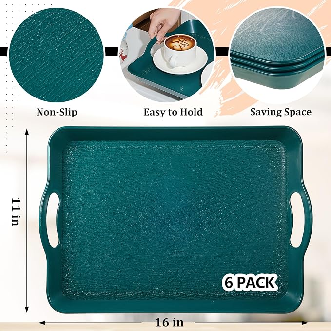 Kathfly 6 Pack 16" x 11" Serving Trays with Handles, Plastic Tray, Green | PP Material, Anti-skid Texture, Decorative Food Tray, for Restaurant, Hotel, Kitchen, Party; Not Microwave/dishwasher Safe