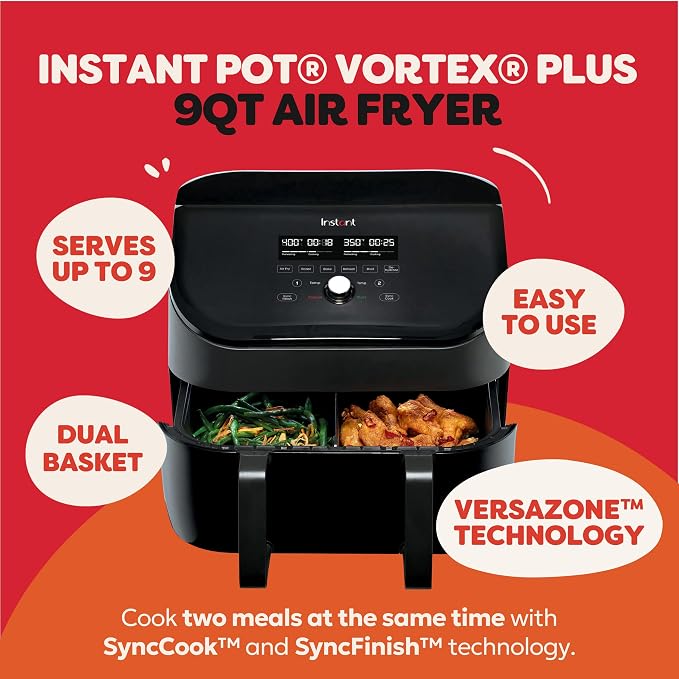 Instant Pot VersaZone 9QT Air Fryer,8-in-1 Functions with EvenCrisp Technology, Crisps,Broils, Bakes,Roasts, Dehydrates,Reheats at Same or Different Temperature, from the Makers of Instant Pot, Black
