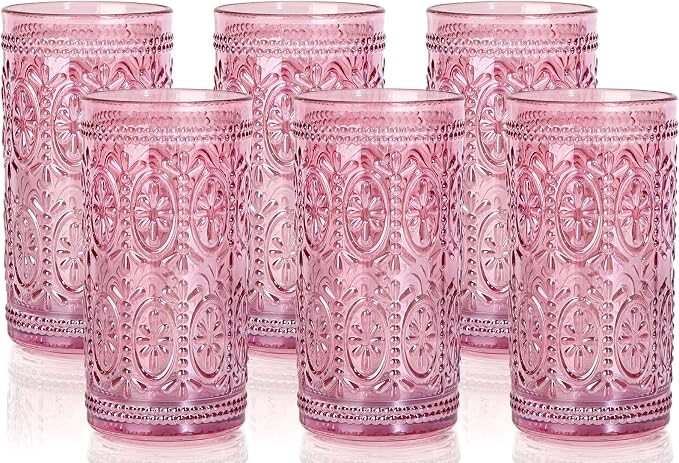 Darlion Vintage Glassware, Pink Glasses Drinking, 12oz Highball Glasses | Lead-Free Glass, Food Grade Glass, Durable&Sturdy, Vintage Decoration