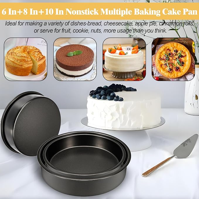 Round Cake Pans, 3PCS Circle Cake Pan with 90 Parchment Paper(6, 8, 10Inch) | Nonstick Cake Pan Set for Layer Cakes Deep-Dish Pizza, Cake Baking Pans for Christmas Birthday Thanksgiving, Dishwasher Safe