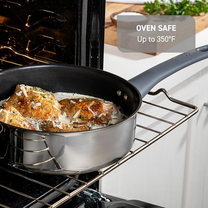 T-fal Essentials Sauce Pan with Lid, 3.5 Qt, Nonstick, Induction Compatible | Stainless steel with ProGlide nonstick coating, Oven safe to 350 F, Interior measuring marks, Dishwasher safe, Glass lid