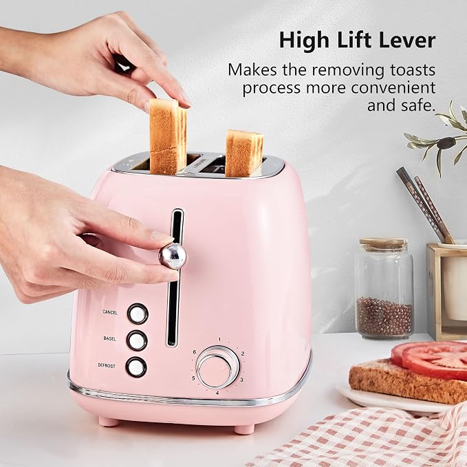 Roter Mond 2 Slice Toaster Retro Stainless Steel with Bagel, Cancel, and Defrost Functions, 6 Bread Shade Settings, Extra Wide Slots and Removable Crumb Tray, Pink