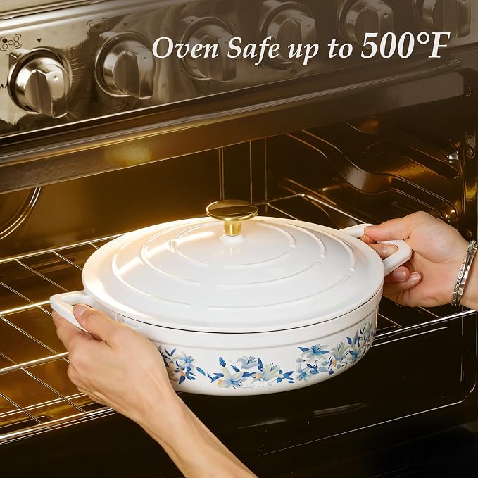 CAROTE 3.5QT Enameled Cast Iron Braiser Pan, Shallow Floral Dutch Oven Casserole Skillets, Non-Toxic Cast Iron Pot with Lid for Baking, Dual Handles, All Stovetop Compatible, White & Blue