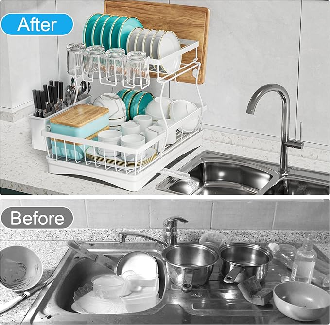 7 code 2-Tier Large Dish Drying Rack for Kitchen Counter, White | Detachable Large Capacity Dish Drainer Organizer with Auto Drain, Anti-Rust Dish Rack with Cup & Utensil Holders