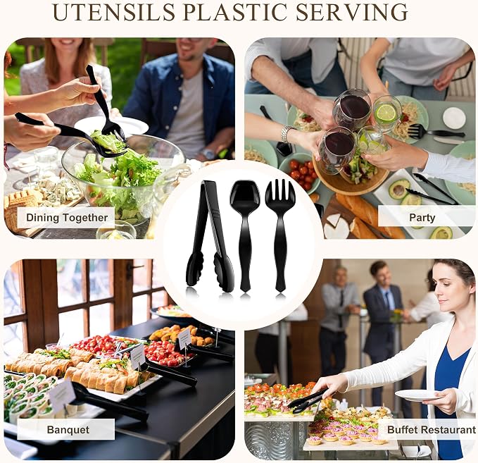 Mwellewm 36Pcs Plastic Serving Utensils Set Large Disposable Serving Spoons Forks Tongs for Serving Food 8.5'' Heavy Duty Black Large Party Utensils Supplies for Buffet Restaurant Dinner Salad Soup
