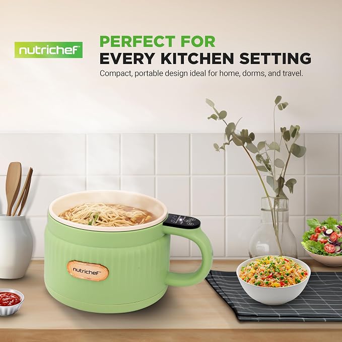 NutriChef 1.6 QT Portable Electric Rice Cooker & Lunch Maker | Multi-Functional & Non-Stick Ceramic Coating | Digital Control Panel | 6 Cook Functions: Rice, Soup, Stew, Porridge & More | Green