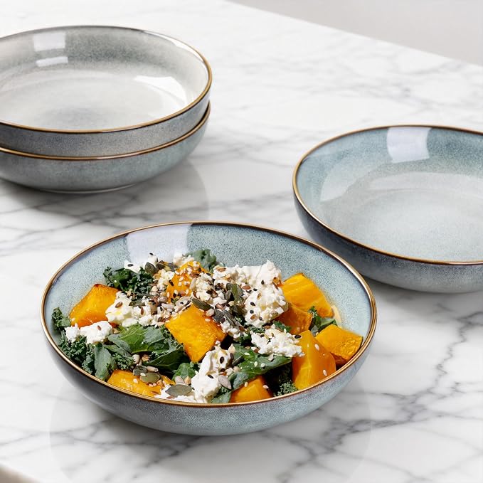 AmorArc 8.5’’ Ceramic Pasta Bowls Set of 4, 36oz Large Stoneware Bowls Set | Large Dinner Serving Bowls Set, Wide Bowl Plate for Pasta,Salad, Soup, Microwave Safe, Reactive Glaze-Ocean Blue