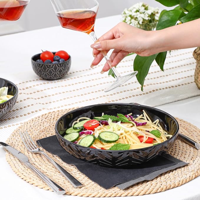 Sureasy 9.7inch Pasta Bowls Set of 4, 42oz Large Salad Bowls for Kitchen, Embossed Ceramic Serving Bowls for Fruits, Soup, Pasta and Salad, Microwave & Dishwasher Safe, Black