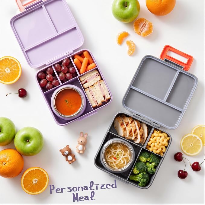 Bento Lunch Box for Kids with 8oz Thermo Containers for School,Camping | Vacuum Insulated Food Jar,Leakproof Silicone-Seal,5 Compartments with Dividers,Dishwasher & Refrigerator Safe,BPA-Free