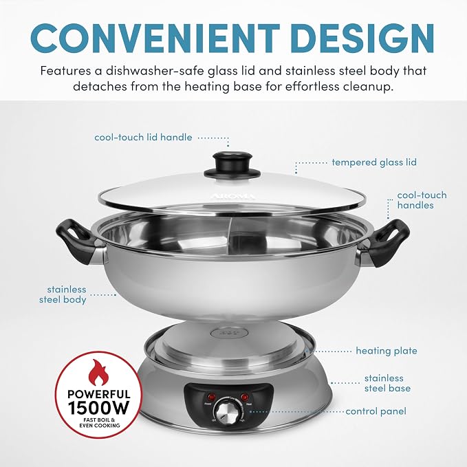 Aroma Housewares ASP-610 Dual-Sided Shabu Hot Pot, 5Qt, Stainless Steel Aroma Housewares 3 Uncooked/6 Cups Cooked Rice Cooker, Steamer, Multicooker, 2-6 cups, Black