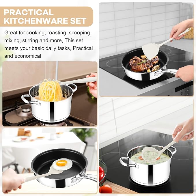 TeamFar Silicone Cooking Utensils Set, 8 PCS Kitchen Utensils Set, White | 446°F Heat Resistant Turner, Spatula, Spoon, Whisk, Kitchen Cooking Gadgets Tools, for Nonstick Cookware, Dishwasher Safe