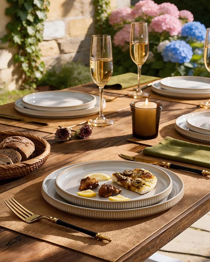 Ceramic Dinnerware Sets for 4, 8-Piece Flat Dinner Plates and Salad Plates | Famiware Premium Stoneware Dishes, Chip & Scratch Resistant, Microwave & Dishwasher Safe, Everyday Dining, Cappuccino White