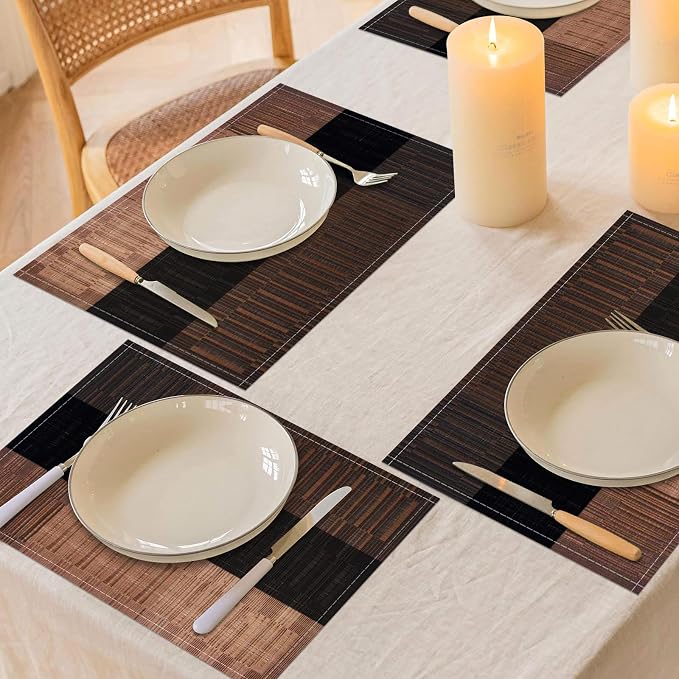 Brown Placemats Set of 4, 12x18 Inch Washable Easy to Clean Heat-Resistant Anti-Skid Grey Placemats for Holiday Party Kitchen Dining Room Decoration