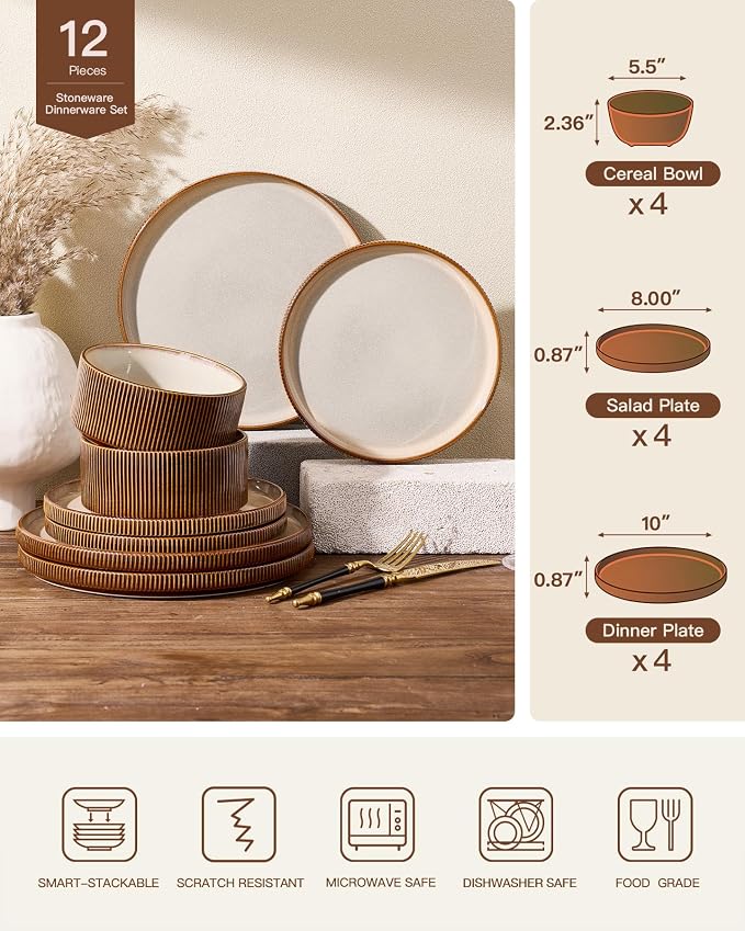Stoneware Dinnerware Set for 4, Cream Brown Reactive Glaze | 12 pcs Ceramic Plates and Bowls, Handmade Ribbed Dishes, Everyday Use, Microwave & Dishwasher Safe, Chip & Scratch Resistant