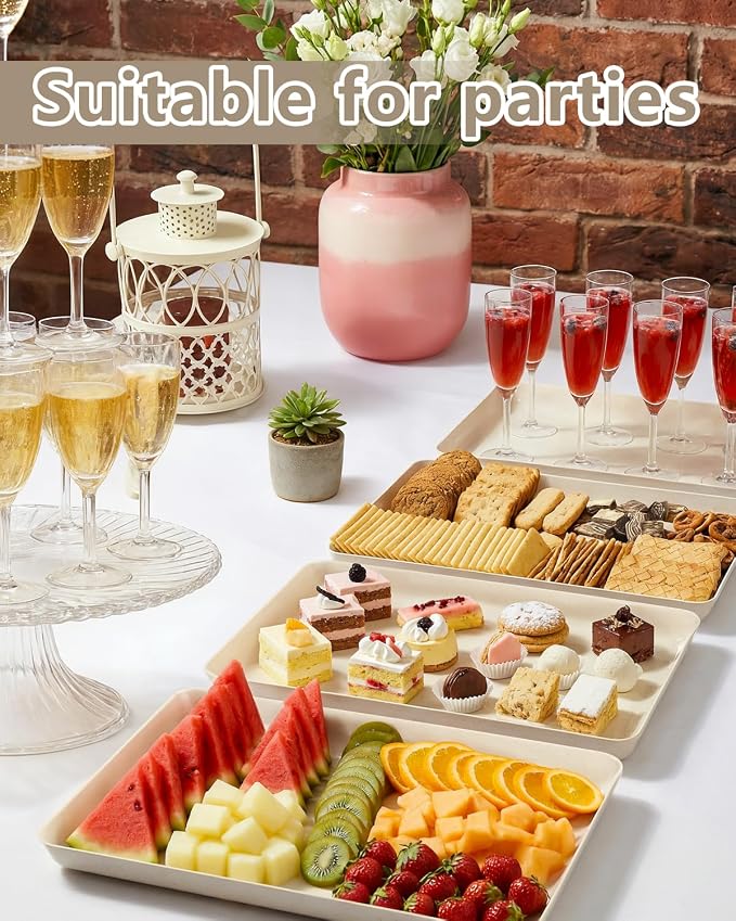 YOUBET 8PCS Ivory Wheat Straw Plastic Serving Trays for Party Wedding | Ivory Wheat Straw Trays for Serving Food - Super Strong Disposable Platters, Heavy Duty Plastic Trays for BBQ, Picnic