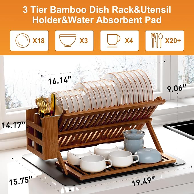 Greenual Teak Dish Drying Rack with Utensil Holder, 3 Tier Collapsible Dish Rack, Wooden Dish Racks for Kitchen Counter, Large Folding Drying Holder with Absorbent Dish Drying Mat