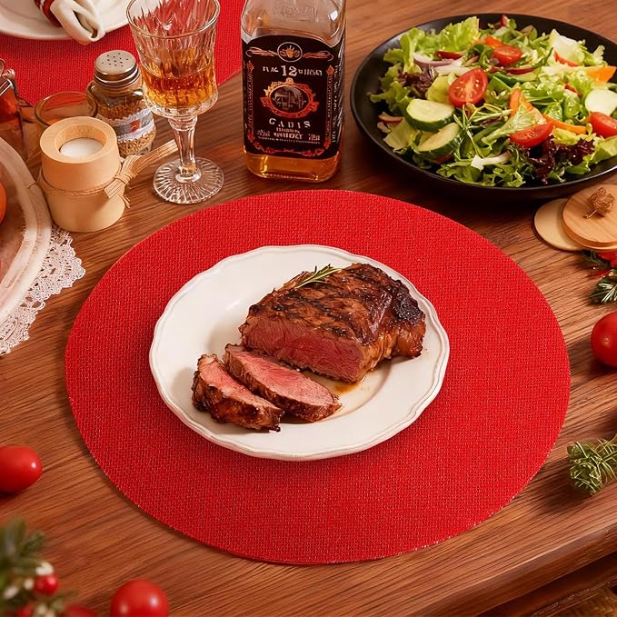 12 Pcs Red Burlap Round Placemats, Christmas Table Mats | Jute Fiber Placemats, 11.8 Inch, Heat Resistant Non Slip, Holiday Weddings Birthday Party, Kitchen Dining Tables