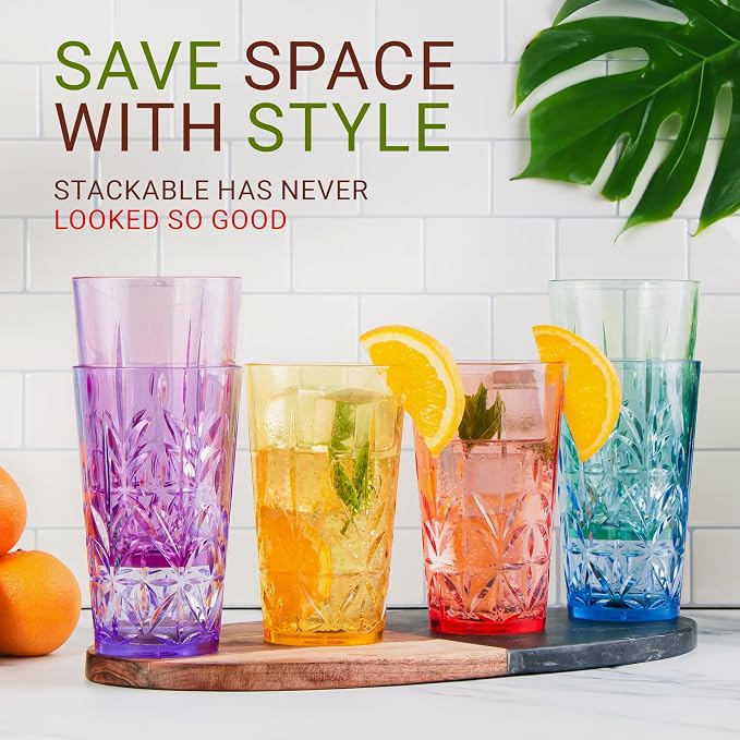 Bravario Royal Plastic Drinking Tumbler, Premium Quality Water Glasses, Dishwasher-Safe BPA-Free Durable Mixed Colors Assorted Stackable Cups, 18 oz Set of 6
