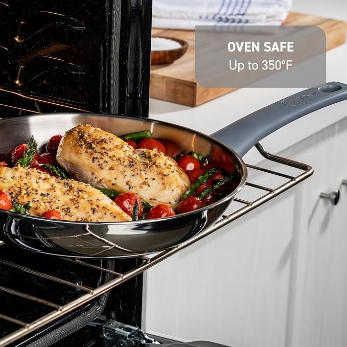 T-fal Essentials Stainless Steel Sauce Pan with Lid 3.2 Quart, All Cooktops Including Induction, Oven Safe 350F, Multipurpose Saucepan, Chef's Classic Pot,Measuring Marks, Dishwasher Safe Silver/Blue