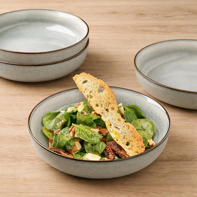 GBhome 8.75'' Large Ceramic Pasta Bowls, 38oz Stoneware Pasta Serving Bowls Set of 4 for Kitchen, Wide Bowls for Fruit,Pasta,Salad,Oatmeal,Meal, Microwave Safe, Reactive Glaze-Green Wheat