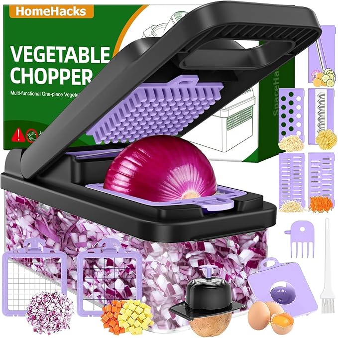 HomeHacks Veggie Chopper Vegetable Cutter, 12 in 1 Kitchen Gadget, Purple | Dicer, Slicer, Cutter, Slap Chop, Cheese Grater & Egg Separator - Multi-Functional Salad Fruit Onion Chopper with Container