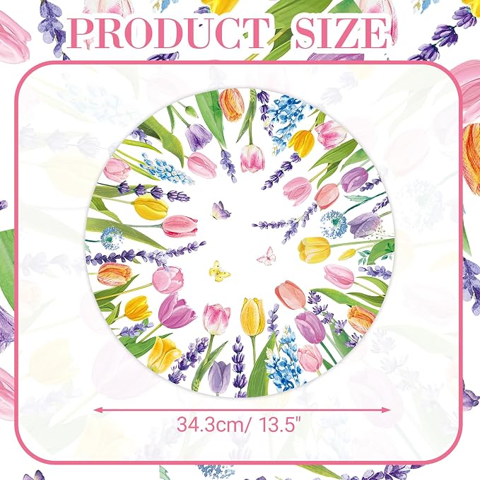 50PCS Summer Paper Placemats Floral Disposable Paper Placemats | Tulip & Lavender Round Table Mats for Birthday Wedding Baby Shower Party Decoration