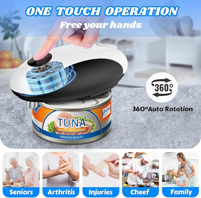 CEVING USB Rechargeable Electric Can Opener, One-Touch & Hands-Free | Battery Operated Cordless Design with Magnetic Lid Holder and Smooth Edge Cutting, Ideal for Seniors, Fits All Standard Cans