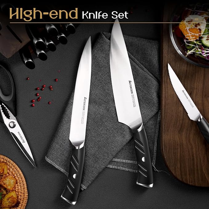 Astercook Knife Set, Kitchen Knives Set with Block and Dual Sharpener Full Tang 15 Pcs German Stainless Steel Knives Sharp Blade Dishwasher Safe Knife Set with Ergonomic Handle, Elegant Black