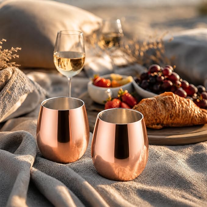 K&K Home Stainless Steel Unbreakable Stemless Wine Glasses - 15 oz - Set of 4 Colored, Stemless Metal Wine Glasses Perfect for Outdoors, Weddings, and Parties (Rose Gold)