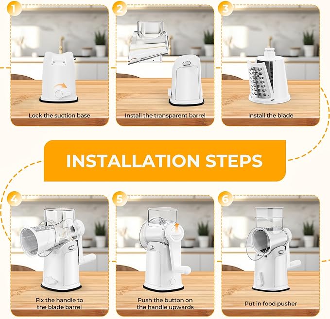 7 IN 1 Upgraded Rotary Cheese Grater with Handle – Vegetable Shredder with Built-in Storage Blade Slot, 5 Versatile Blades, Strong Suction Base Round Mandoline Slicer, Food Chopper for Kitchen