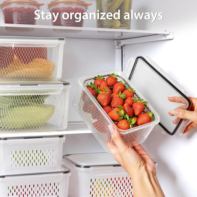 3 PCS Large Fruit storage Containers for Fridge Food Storage Containers | with Stainless Steel Colander Leakproof Dishwasher Microwave safe Produce Containers Keep Fruits Vegetable Berry Fresh longer