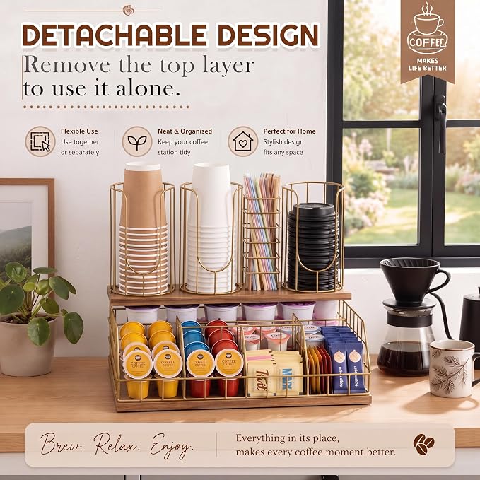 Coffee Cup and Lids Organizer with 4-compartment Double Layer, Cup and Lid Holder for Coffee Pod Straw and Lid Storage, Fits 4-20 oz Cups, Max Accommodable Dia 3.9 in
