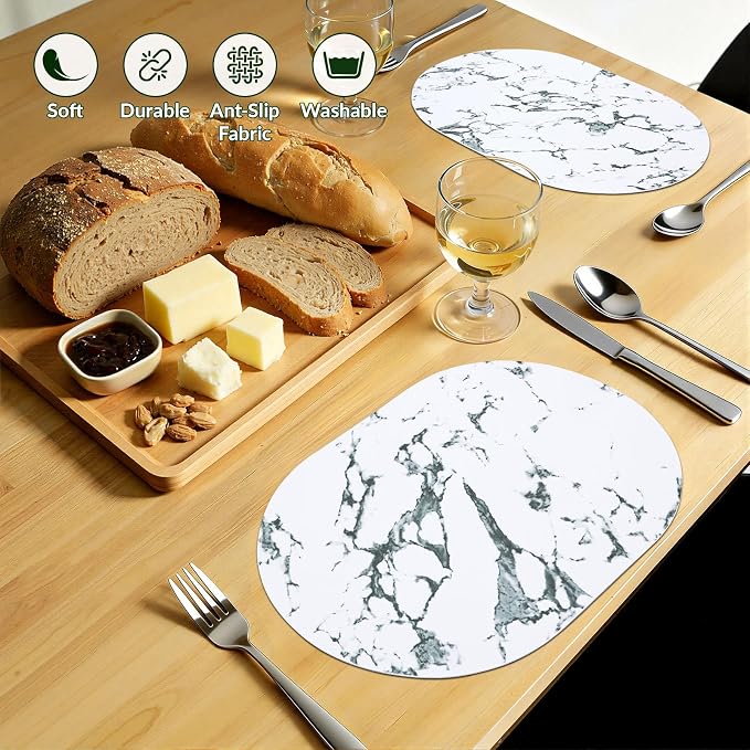 Placemats Set of 4, 11.8 x 17 Inch, Marble | Heat Resistant Oval Faux Leather Place Mats, Waterproof Wipeable Reversible PU Placemat, Indoor & Outdoor