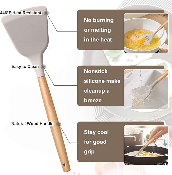 E-far Silicone Kitchen Utensils Set with Holder, 25-Piece Cooking Utensil Set with Wooden Handle for Nonstick Cookware, 446°F Heat Resistant Kitchen Tool Spatula Tong Whisk, Non-toxic & Healthy, Khaki