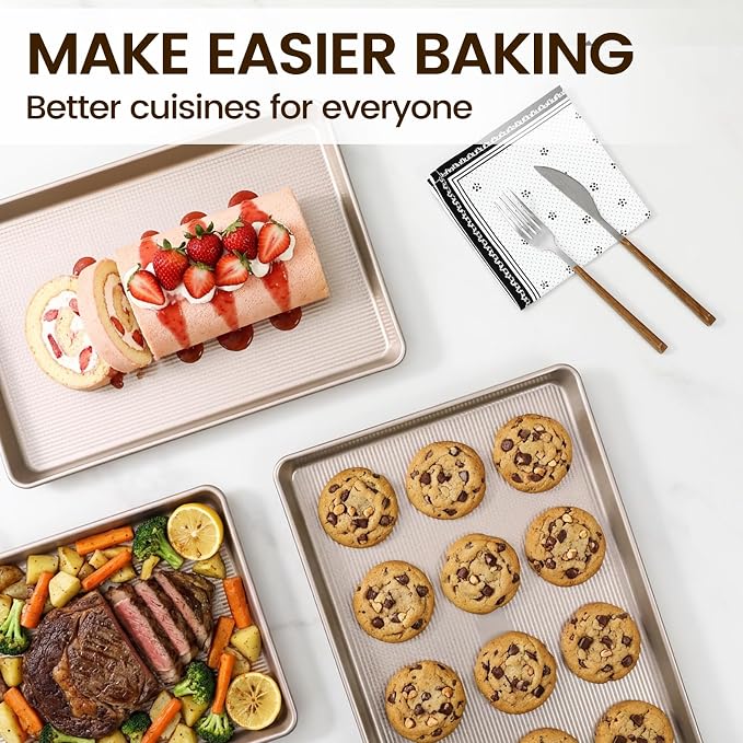 Vinino Baking Sheet Set of 3, Cookie Sheets For Baking with Square Texture Pattern, Thicker Carbon Steel Non-stick Baking Pan Half/Quarter/Jelly Roll Pans Tray for Oven