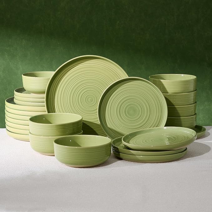 Dinnerware Sest for 8, Ceramic Plates & Bowls, Olive Green | 24-Piece Ceramic Speckled Spiral Dishes, Chip & Scratch Resistant, Microwave & Dishwasher Safe, Everyday Use, Farmhouse Style