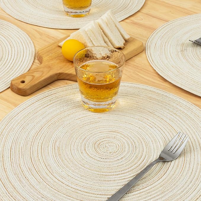 Winknowl Round Braided Placemats Set of 6 Washable Woven Heat Resistant Table Mats for Kitchen Dining Tables 15 inch Round Place Mats (Ivory,6)