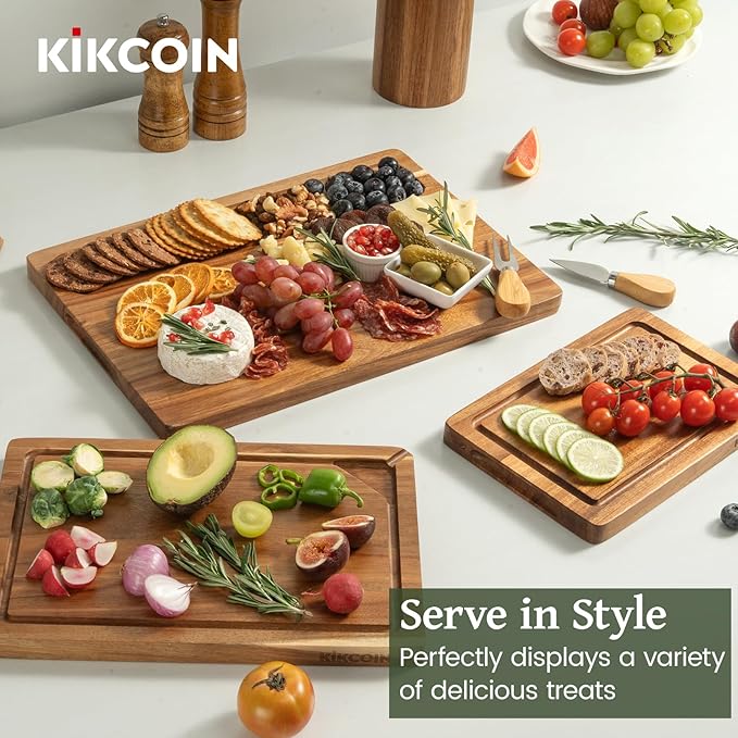 Kikcoin Acacia Wood Cutting Board Set of 3, Wooden Cutting Boards for Kitchen with Deep Juice Grooves, Butcher Block Wooden Chopping Board for Meat, Large Solid Charcuterie Boards Serving Tray
