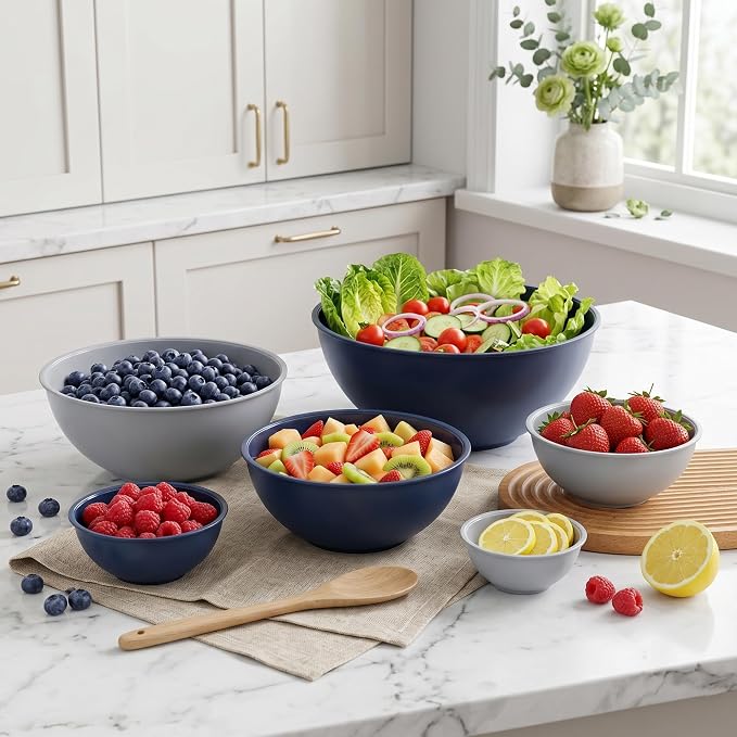 BoxedHome BPA Free Plastic Round Mixing Bowl with Lids, 12 Pack Nesting Bowls with Lids Set, Microwave and Dishwasher Safe Prep & Serving Bowls Great for Mixing, Baking, Serving (Haze Blue, 12pcs)
