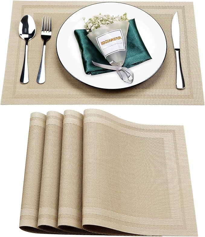 Beige Vinyl Placemats Set of 4,Washable Dining PVC Table Mats | Heat resistant, stain resistant non slip vinyl place mats, washable beige table placemats for dining table