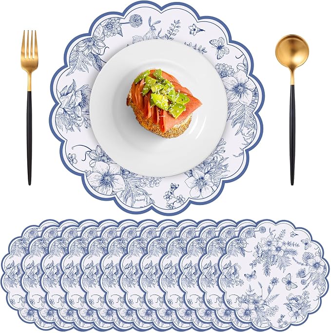 60 Pcs Blue Floral Paper Placemat, 13.5 Inch Disposable Scalloped Table Mat | Wedding Placemats, Vintage Floral Banquet Place Mats for Table Setting Wedding Bridal Tea Party Wildflower Party Decor