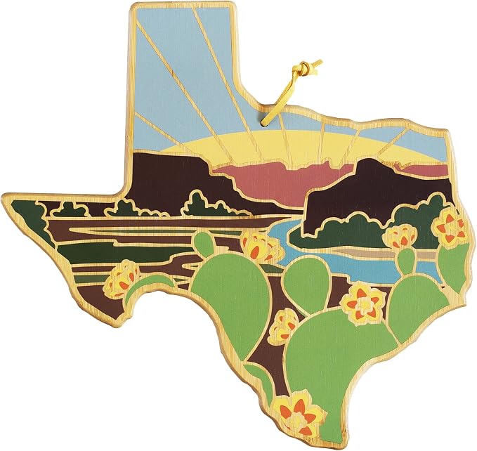 Totally Bamboo Texas State Shaped Cutting Board, Summer Stokes Art | State charcuterie board with colorful hand-drawn landscape art. Smooth reverse side for food prep. Hang tie for wall display.
